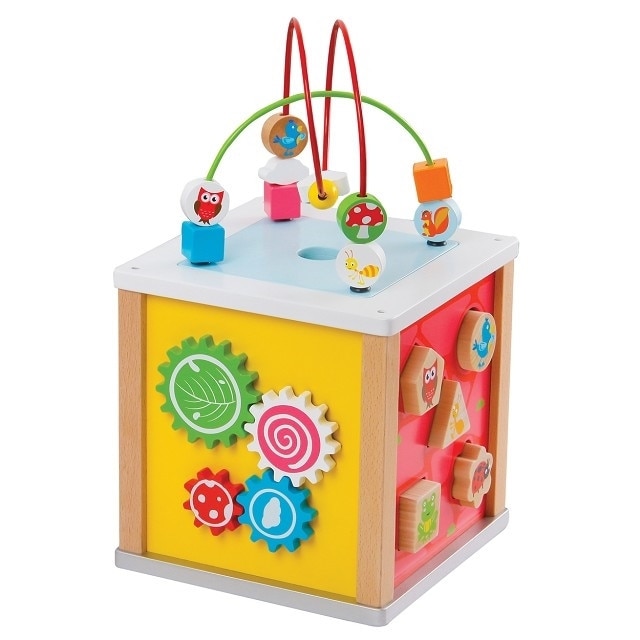 Cub din lemn New Classic Toys cu 5 activitati, 20 x 20 x 33 cm, MGC