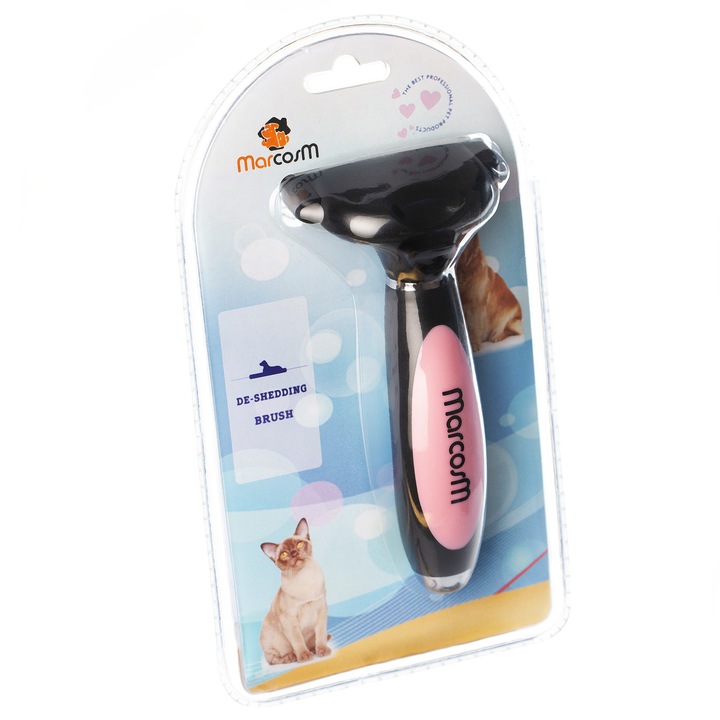 Perie trimmer pentru caini si pisici cu par lung sau scurt cu buton de eliminare a parului pentru animale mici, Roz, M