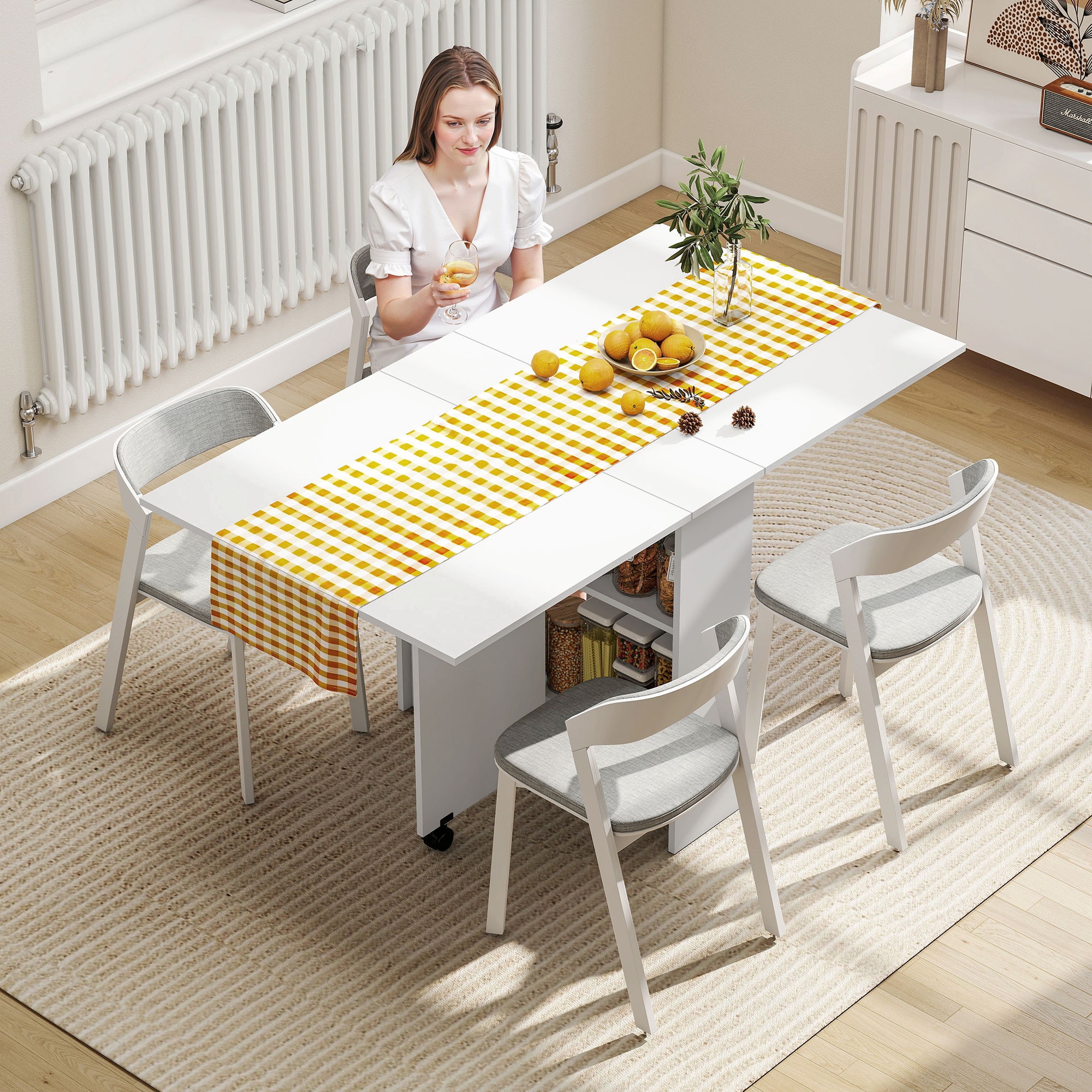 Masa pliabila, Ousunny, cu Etajera Integrata si Roti, 75x140x74 cm
