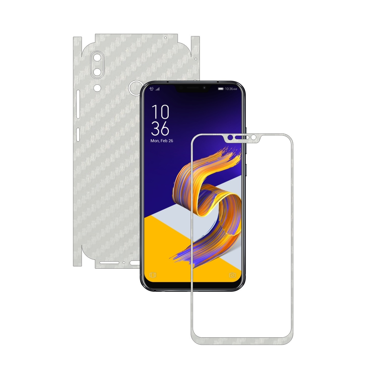Folie Protectie Carbon Skinz pentru Asus Zenfone 5, 5z - Carbon Alb 360 Cut, Skin Adeziv Full Body Cover pentru Rama Ecran, Carcasa Spate si Laterale
