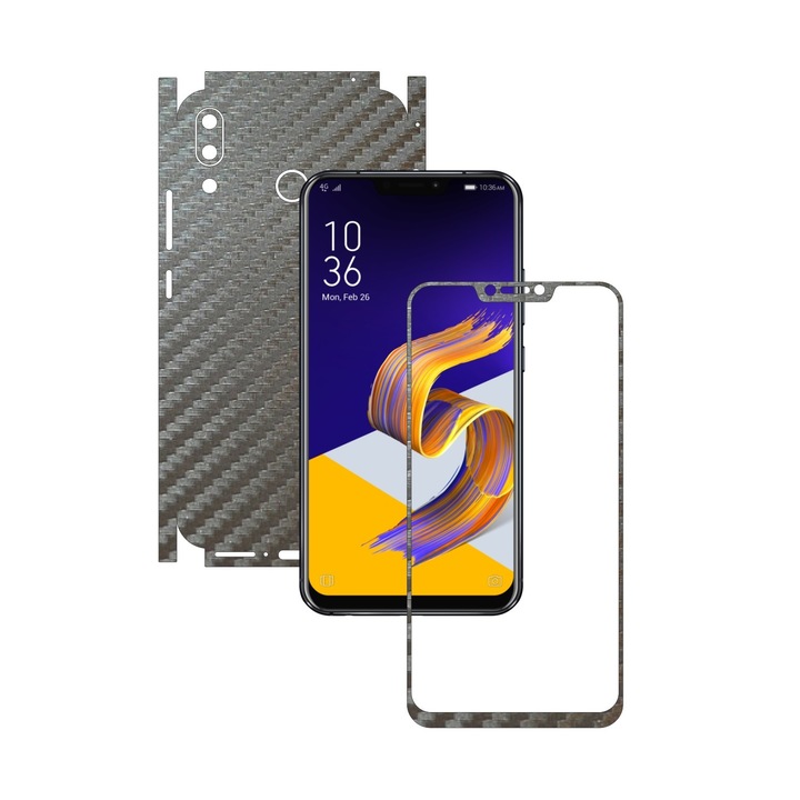 Защитно фолио Carbon Skinz за Asus Zenfone 5, 5z - сребристо сиво Carbon 360 Cut, залепващо покритие за цялото тяло за рамка на екрана, заден и страничен капак