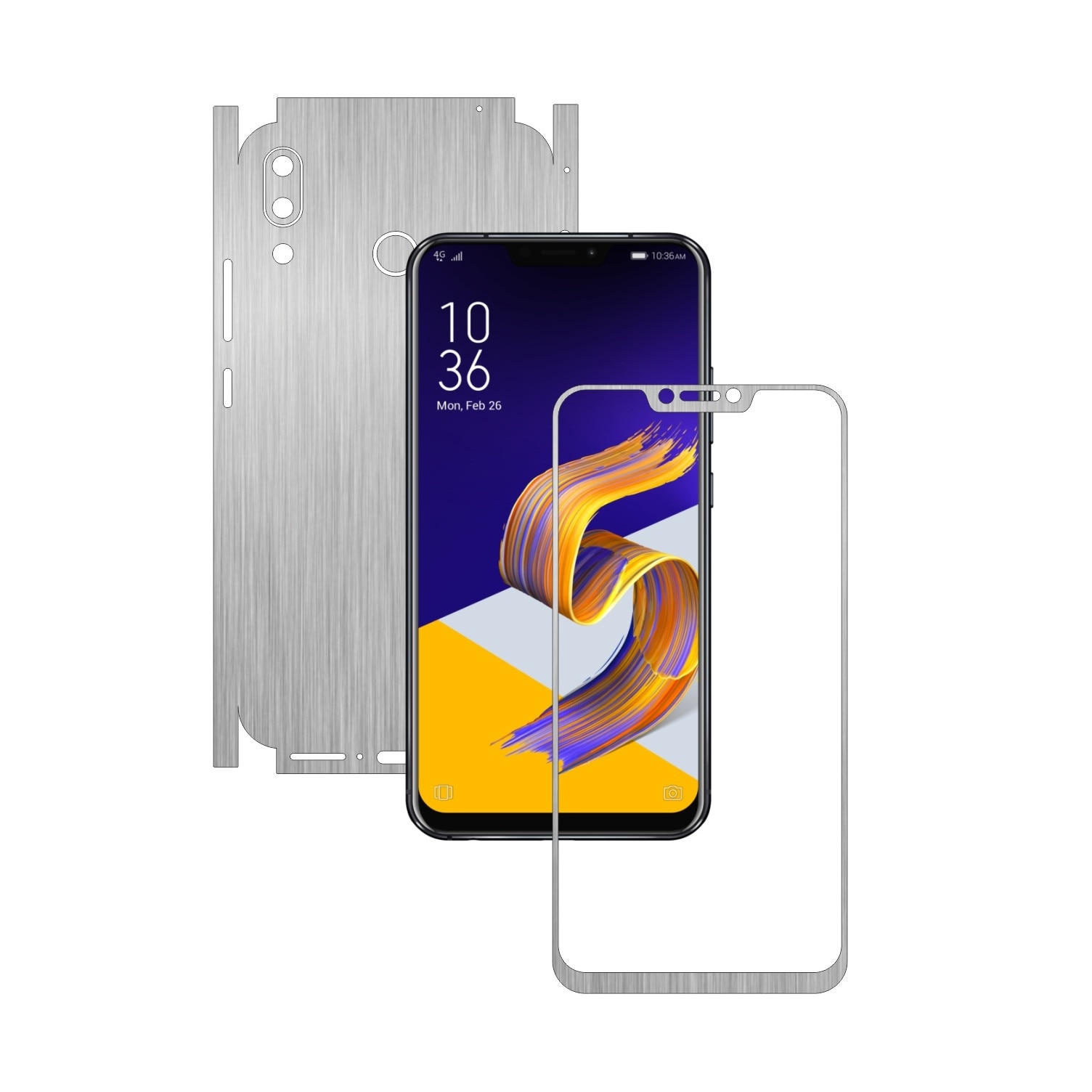 Folie Protectie Carbon Skinz pentru Asus Zenfone 5, 5z - Brushed Argintiu 360 Cut, Skin Adeziv Full Body Cover pentru Rama Ecran, Carcasa Spate si Laterale