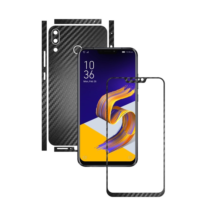 Защитно фолио Carbon Skinz за Asus Zenfone 5, 5z - Carbon Black Split Cut, Full Body Cover Adhesive Skin for Screen Frame, Back and Side Cases