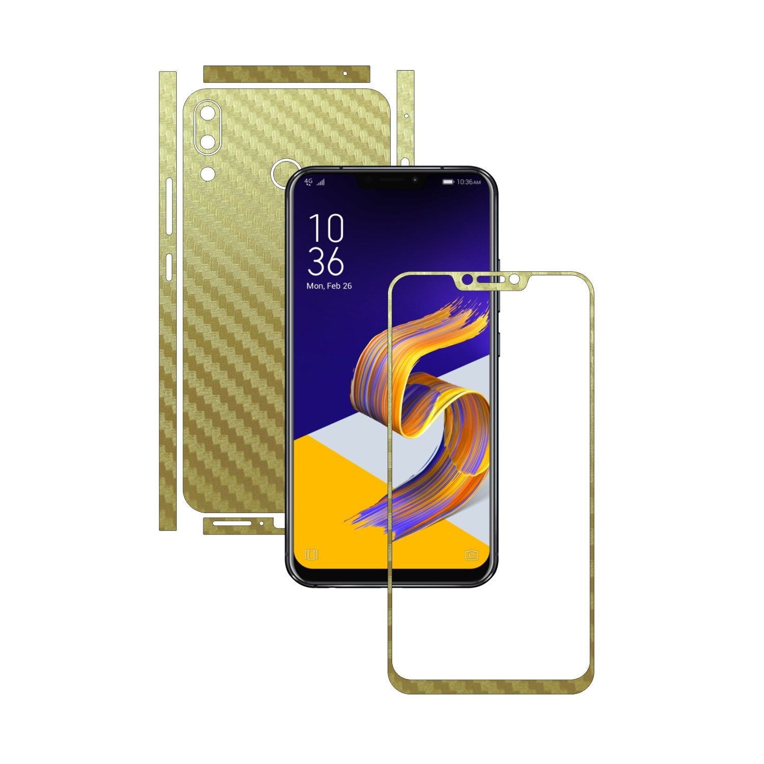 Folie Protectie Carbon Skinz pentru Asus Zenfone 5, 5z - Carbon Auriu Split Cut, Skin Adeziv Full Body Cover pentru Rama Ecran, Carcasa Spate si Laterale