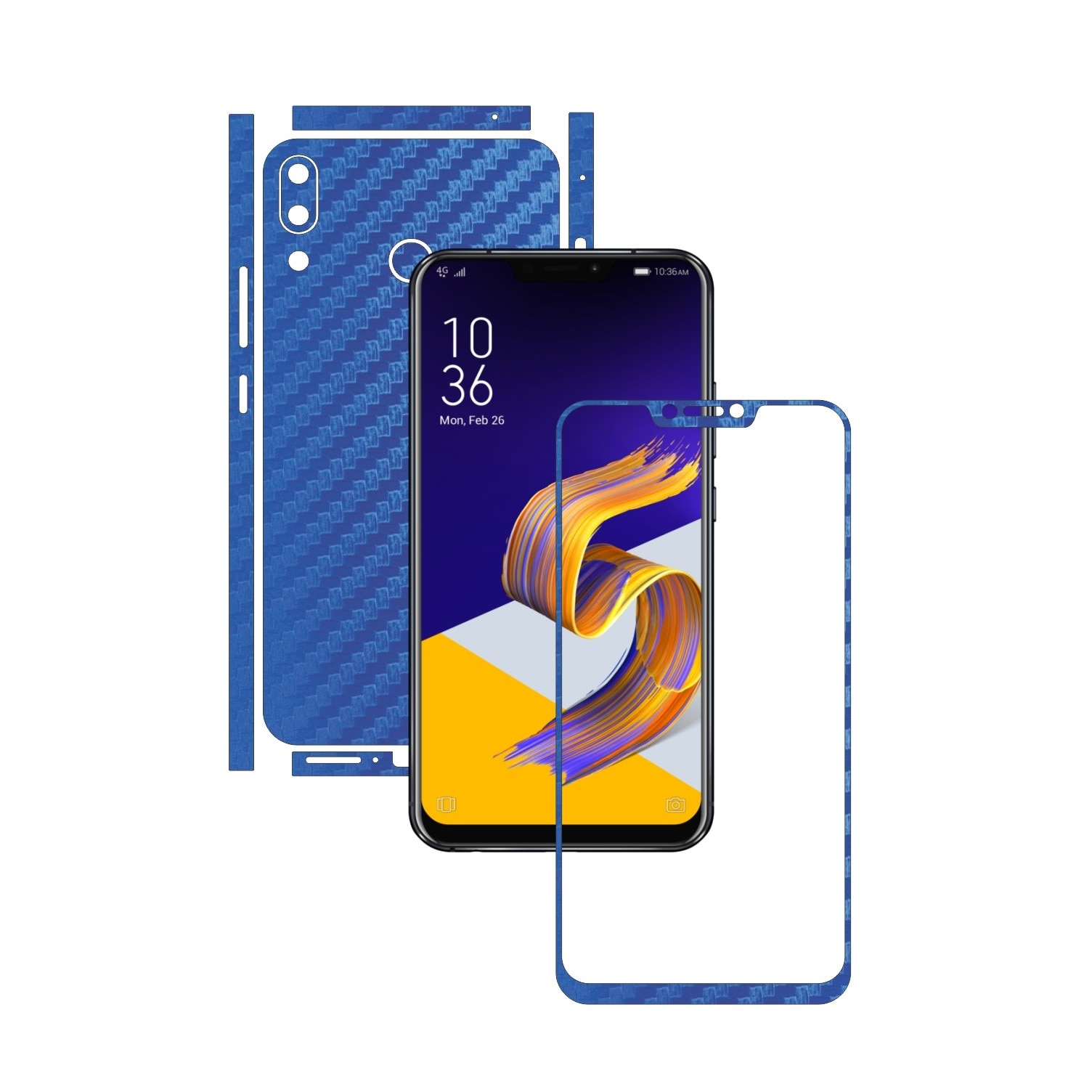 Folie Protectie Carbon Skinz pentru Asus Zenfone 5, 5z - Carbon Albastru Split Cut, Skin Adeziv Full Body Cover pentru Rama Ecran, Carcasa Spate si Laterale