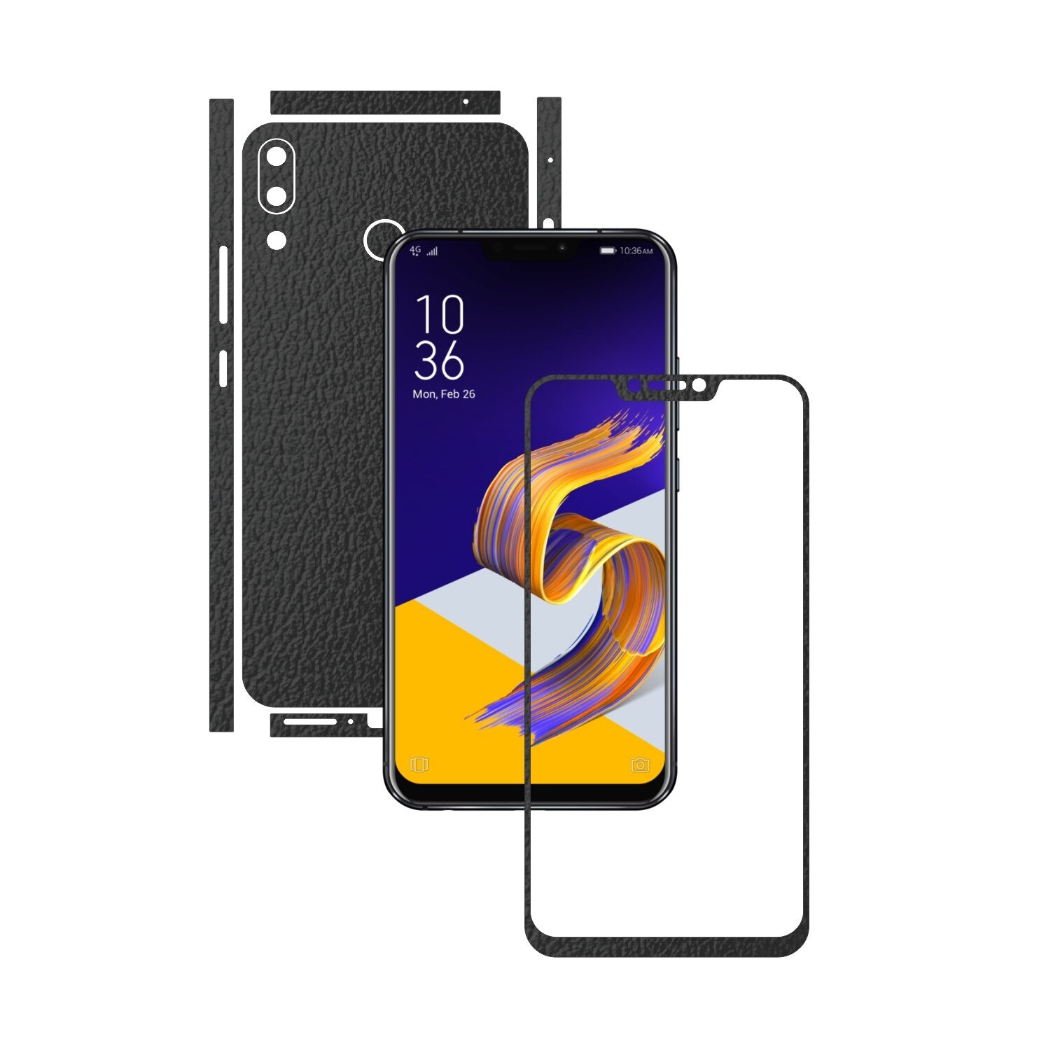 Folie Protectie Carbon Skinz pentru Asus Zenfone 5, 5z - Piele Neagra Split Cut, Skin Adeziv Full Body Cover pentru Rama Ecran, Carcasa Spate si Laterale