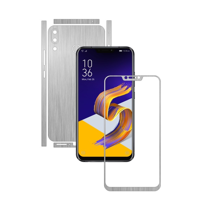 Carbon Skinz védőfólia Asus Zenfone 5, 5z készülékhez – szálcsiszolt ezüst hasított vágás, teljes testet fedő tapadó bőr képernyőkerethez, hát- és oldaltok
