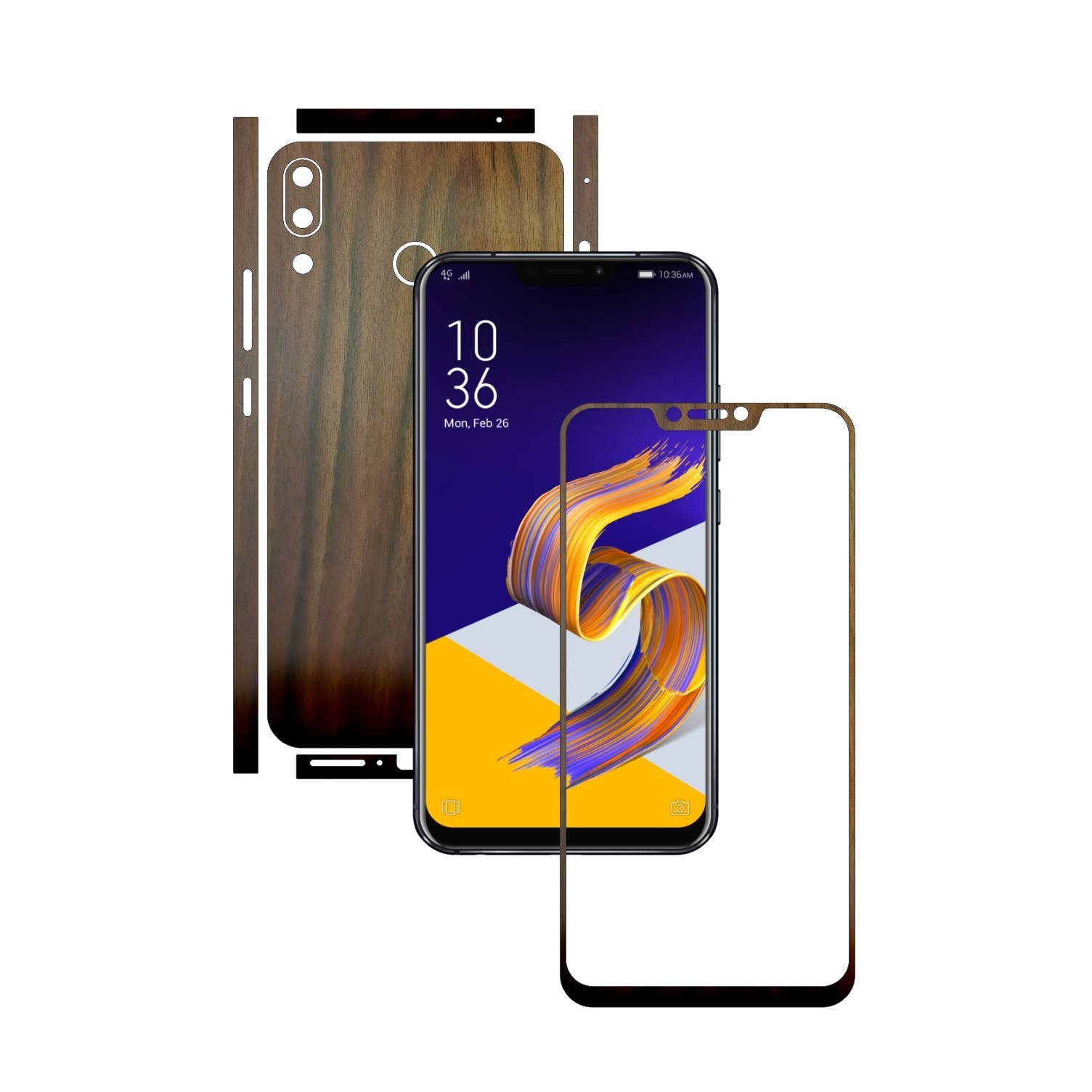 Folie Protectie Carbon Skinz pentru Asus Zenfone 5, 5z - Lemn Nuc Split Cut, Skin Adeziv Full Body Cover pentru Rama Ecran, Carcasa Spate si Laterale