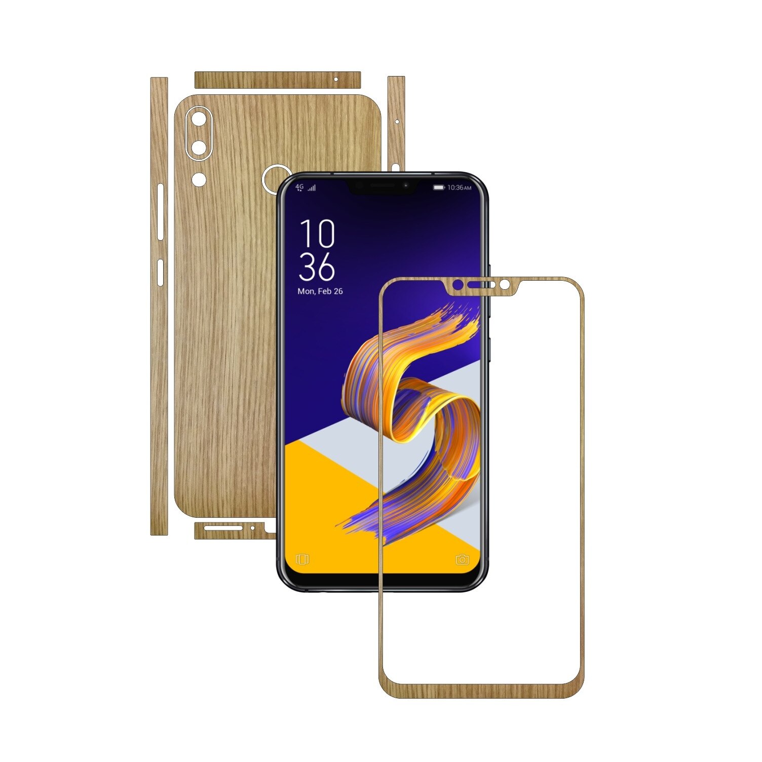 Folie Protectie Carbon Skinz pentru Asus Zenfone 5, 5z - Lemn Stejar Split Cut, Skin Adeziv Full Body Cover pentru Rama Ecran, Carcasa Spate si Laterale