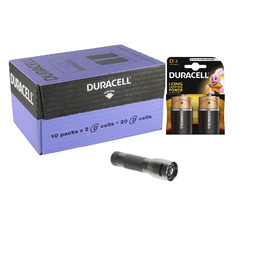 Baterii Duracell alcaline R20, D, blister 2, cutie 20 baterii + lanterna LED Maxell cadou