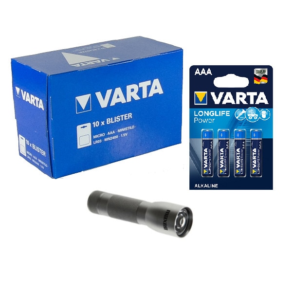 Baterii alcaline AAA, R3, Varta Long Life Power, 1,5 V, 40 baterii, blister 4 + lanterna LED Maxell cadou