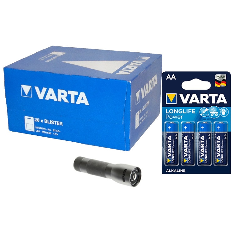 Baterii alcaline AA, R6, Varta Long Life Power, 1,5 V, 80 baterii blister 4, + lanterna LED Maxell cadou