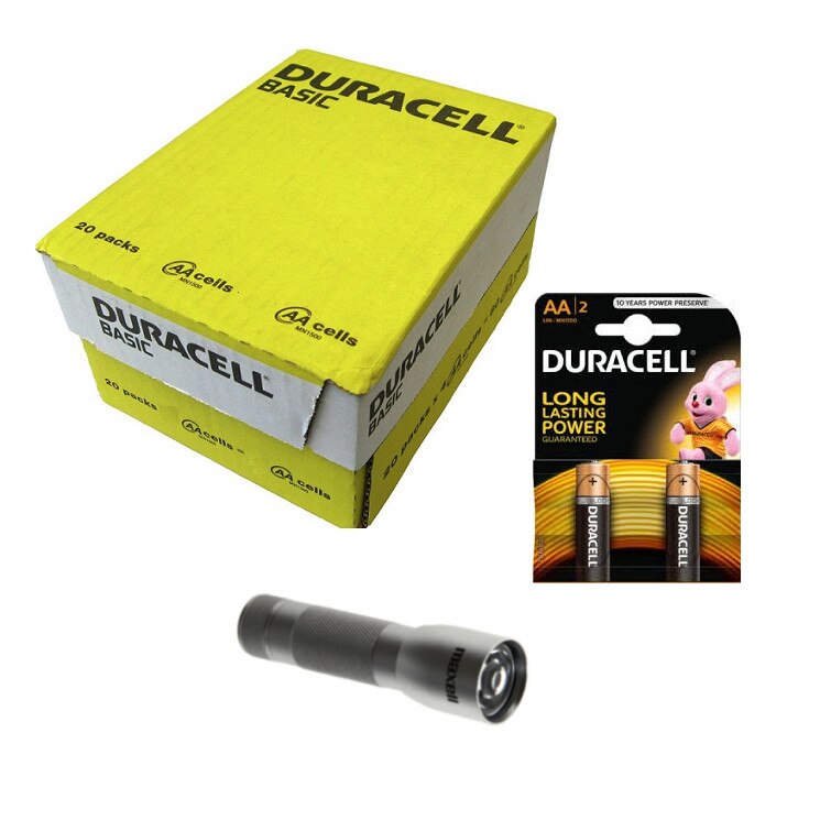 Baterii Duracell alcaline AA, R6, Mignon, MN 1500, LR06 , cutie 40 baterii, blister 2 + lanterna LED Maxell cadou