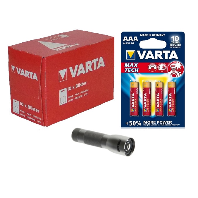 Baterii alcaline AAA, R3, Varta Max Tech, 1,5 V, 40 baterii, blister 4 + lanterna LED Maxell cadou