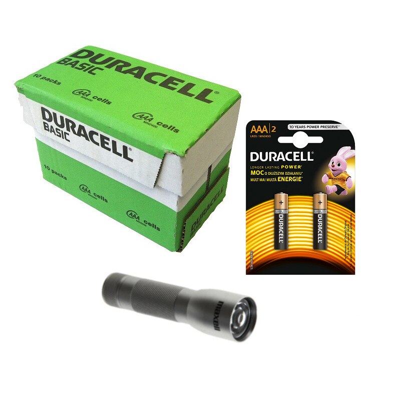 Baterii Duracell alcaline AAA, R3, Micro, LR03, MN 2400, cutie 20 baterii, blister 2 + lanterna LED Maxell cadou