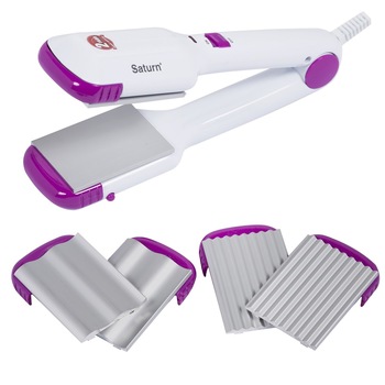 Placa pentru indreptat si creponat parul Saturn ST HC0306, 30W, invelis ceramic, alb/mov Placa pentru indreptat si creponat parul Saturn ST HC0306, 30W, invelis ceramic, alb/mov