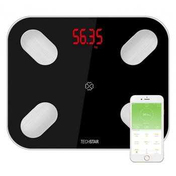 Cantar Electronic Smart Techstar®, Negru, Display Digital, Wireless, Bluetooth, Greutate 180kg Max, Compatibil Android & iOS Cantar Electronic Smart Techstar®, Negru, Display Digital, Wireless, Bluetooth, Greutate 180kg Max, Compatibil Android & iOS