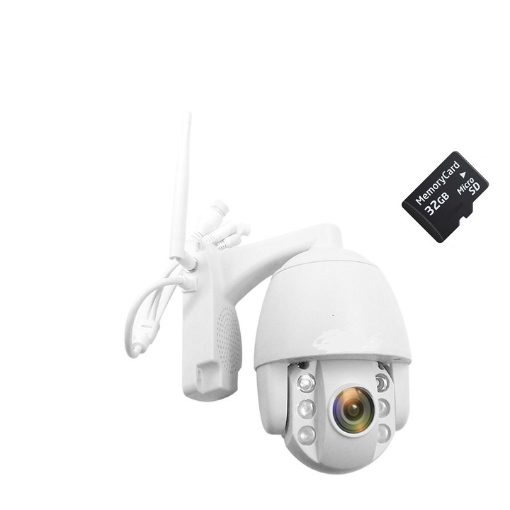 IP камера за външно наблюдение безжична видео компресия H265 FNTECH PTZ 8882 W full HD 2 MP 1920x1080p оптично увеличение 5x бяла светлина двупосочна комуникация Включена 32 GB карта