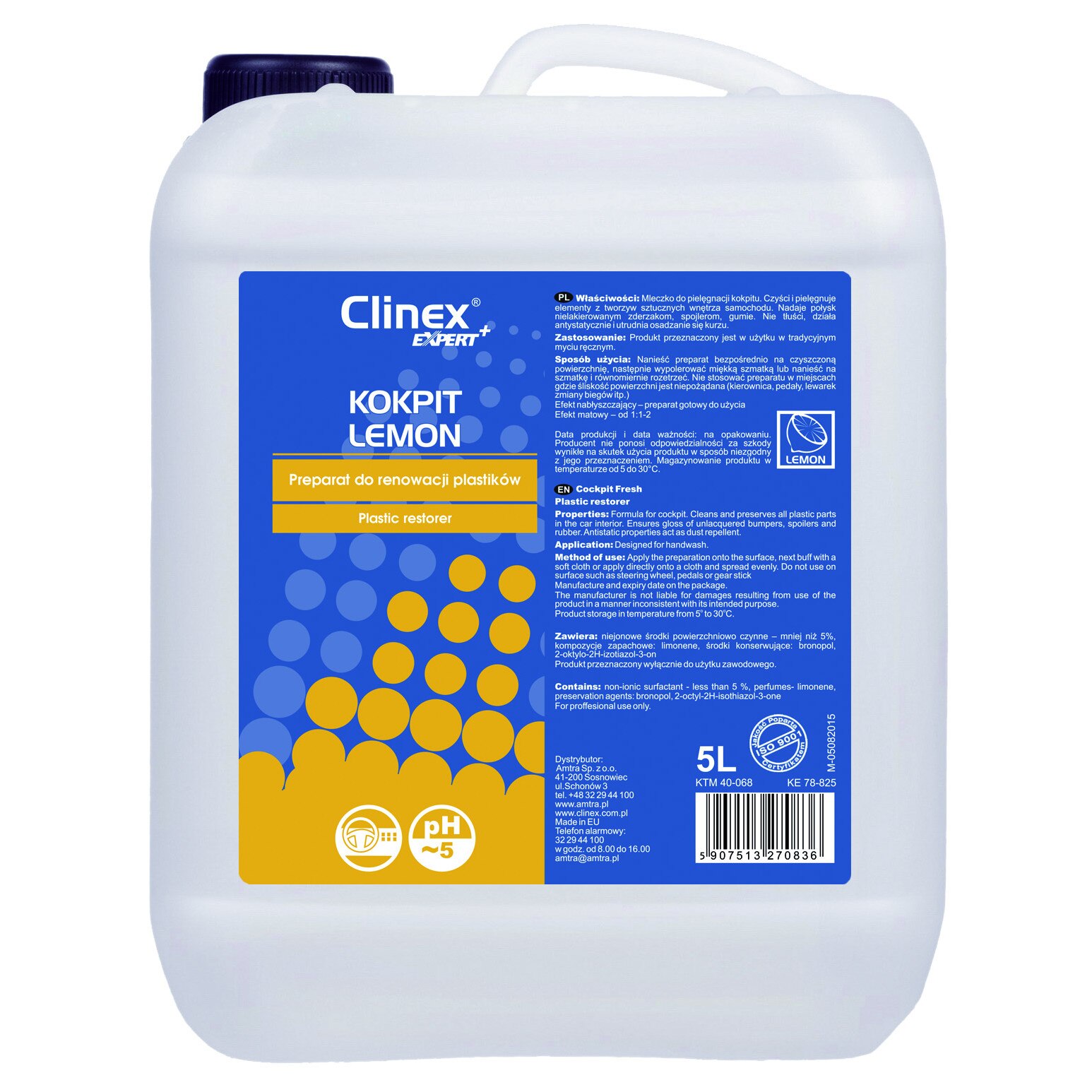 Produs pentru intretinere borduri si suprafete din plastic-Bio kokpit lemon-Clinex expert-5 L