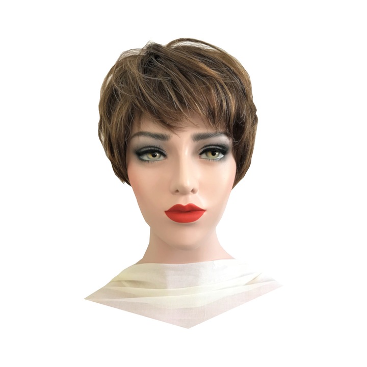 Перука Stayla, изработена от 100% естествена човешка коса, ръчно изработена, модел Nelly, кестеняв цвят с руси кичури