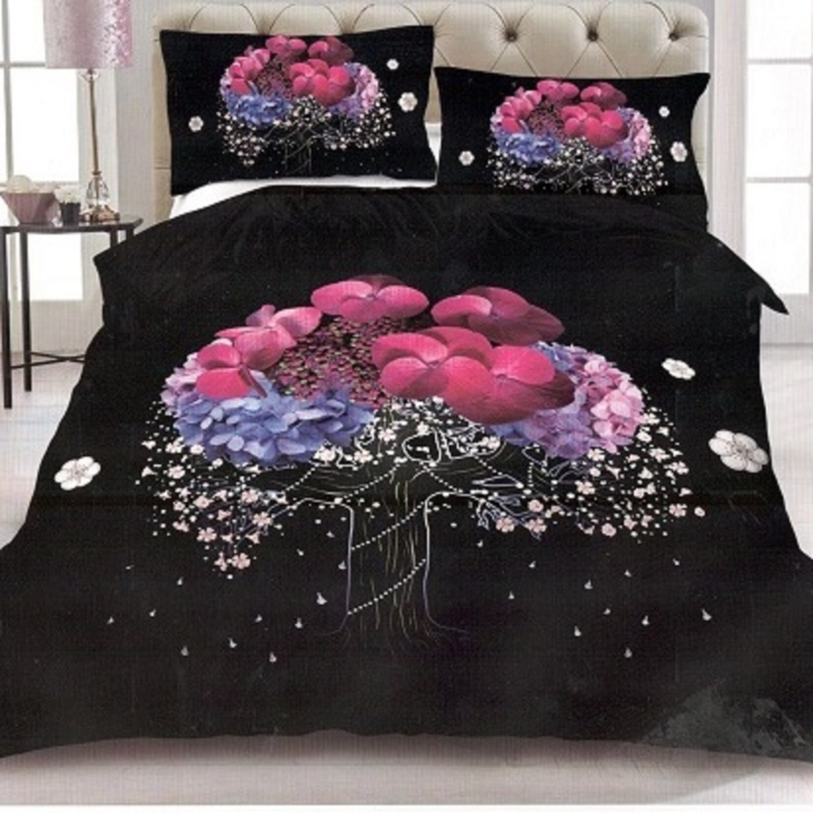 Lenjerie de pat 3D 2 persoane, 4 piese, bumbac satinat, negru model AX093