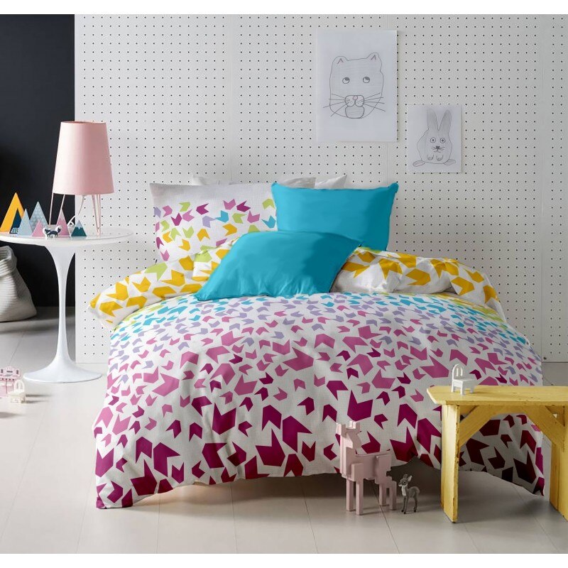 Lenjerie de pat Dormisete bumbac 100%, Loving Matisse Rose pentru pat 2 persoane, 4 piese, 180x215 / 50x70, cearceaf pat uni turqoaz