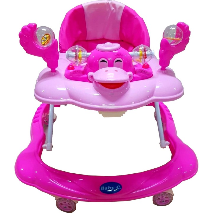 NOVOKIDS ™ Baby C bébikomp, állítható, 3 fokozat, dallamok, csendes, szilikon kerekek, kiskacsa dizájn, összecsukható, rózsaszín