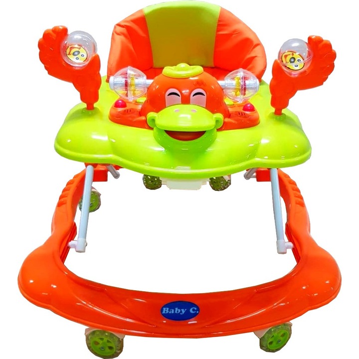NOVOKIDS™ Baby C állítható 3 fokozatú sétáló, dalokkal, néma szilikon kerekekkel, Ratusca, összecsukható, zöld és narancssárga