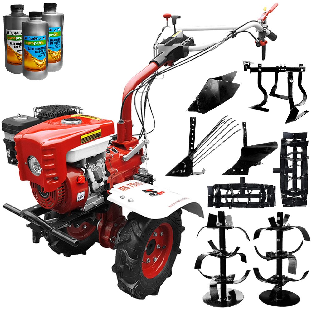 Pachet motocultor Media Line MS 7500 CFL, motor 7CP, model 2019, Far, freza segmentabila 60-90cm, roti cauciuc, rarita fixa, roti metal, plug cartofi, plug arat, cultivator + Cadou 1l ulei motor + 2l ulei transmisie AgroPro