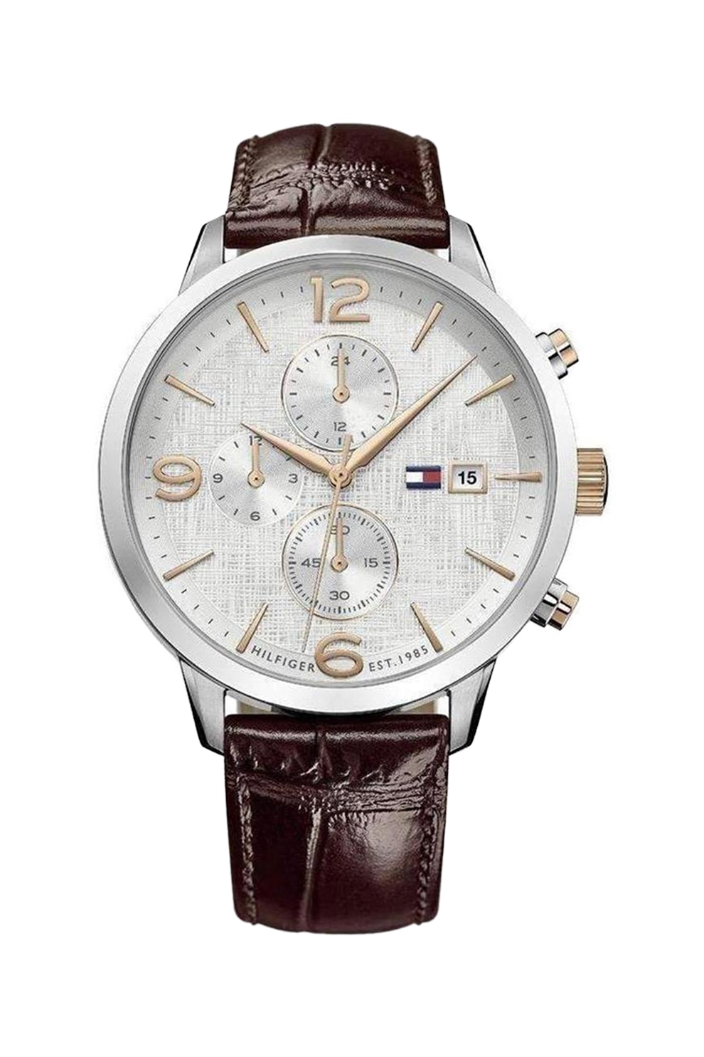 Tommy Hilfiger, Ceas cronograf cu o curea de piele cu model crocodil, Maro inchis