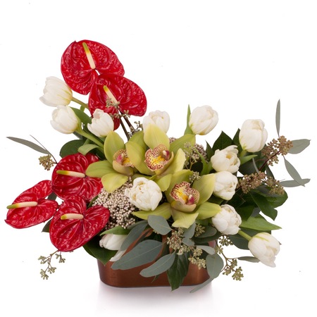 Aranjament Floral In Vas Ceramic 5 Anthurium Rosii 12 Lalele Albe 1 Cymbidium Verde 2 Floare De Orez Verdeata Flori24 Emag Ro