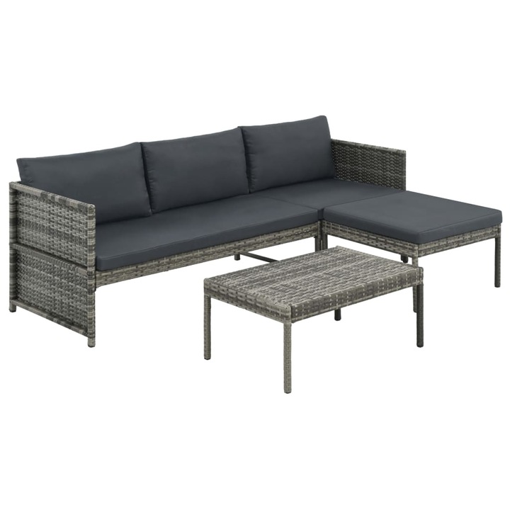 vidaXL 3-részes szürke polyrattan kerti bútorszett párnákkal 23.68 kg