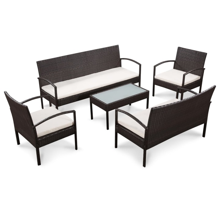 Set mobilier de gradina cu perne vidaXL, 5 piese, maro, poliratan, 36.5 kg