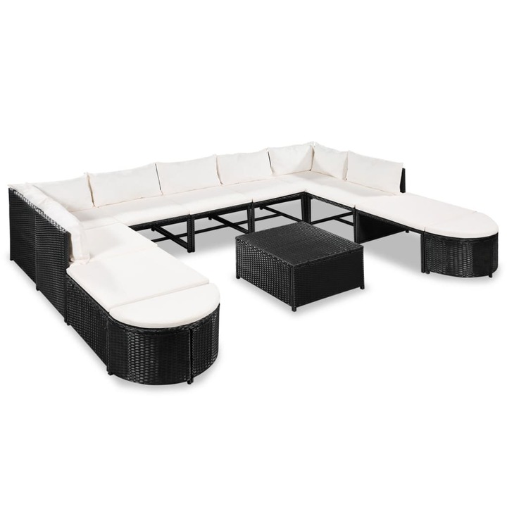vidaXL 12-részes fekete polyrattan kerti bútorszett párnákkal 44194