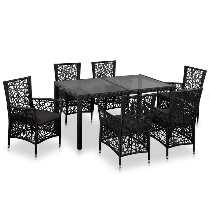 Set mobilier de exterior cu masa si 6 scaune, vidaXL, Poliratan, metal si sticla Maro, 150 x 90 x 75 cm