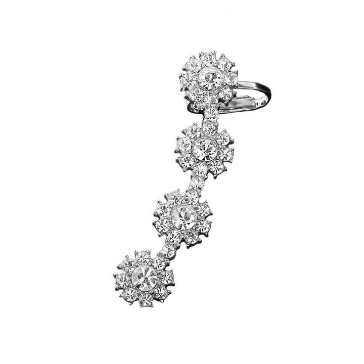 Cercel Ear cuff cu patru flori rotunde, cu cristale albe, Argintiu