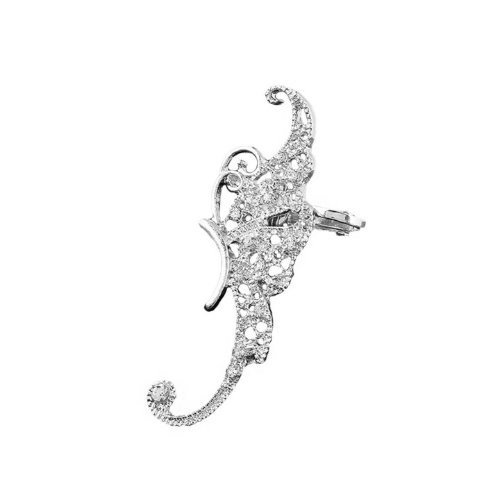 Cercel Ear cuff fluture filigranat cu cristale mici si coada arcuita, Argintiu, Urechea stanga