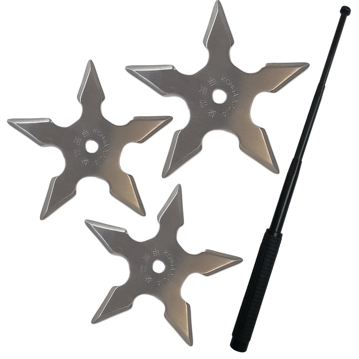 Комплект за самозащита стоманен телескопичен бастун, 64 см, 4 секции, 3 бр Ninja star 5 ъгъла