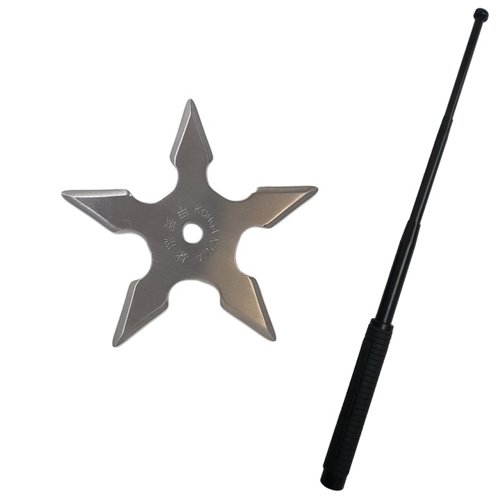 Kit autoaparare baston telescopic din otel, 64 cm, 4 sectiuni, stea ninja 5 colturi