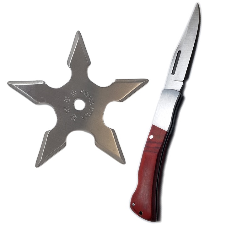 Нож комплект за самозащита, джобно ножче в калъф, 5-ъгълна нинджа звезда