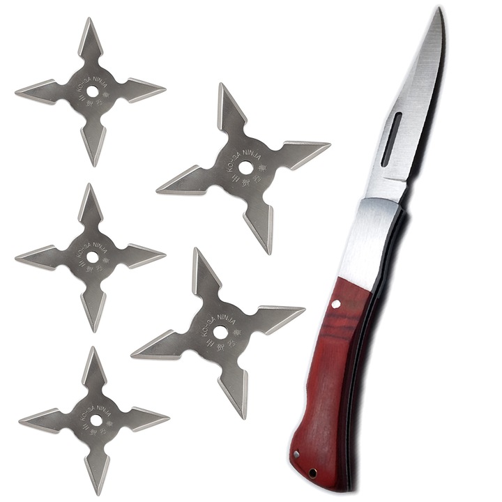 Комплект за самозащита, джобно ножче, джобно ножче, 5 бр нинджа звезда, 4 ъгъла
