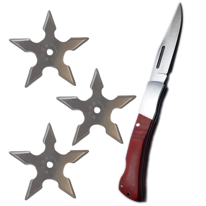 Комплект за самозащита, джобно ножче, джобно ножче, 3 бр нинджа звезда, 5 ъгъла