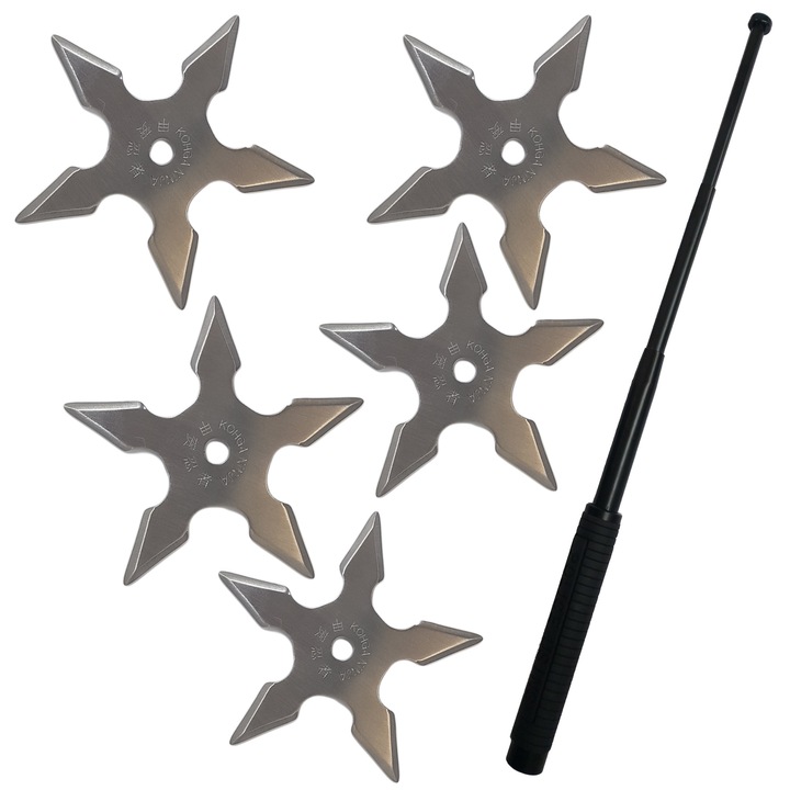 Kit autoaparare baston telescopic din otel, 64 cm, 4 sectiuni, 5 buc stea ninja 5 colturi