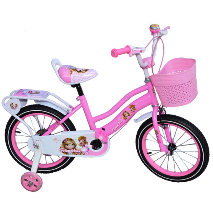 Bicicleta pentru fetite, 16" Free Star Nebunici, aparatoare de lant, claxon si cos de cumparaturi