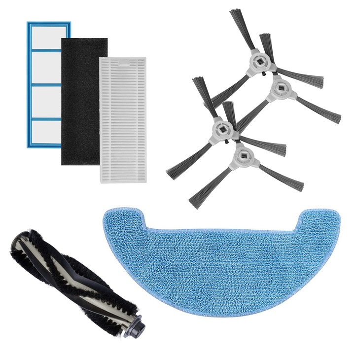 Set accesorii aspirator robot amXea D360, 1x perie centrala, 4x perie laterala, 1x laveta mop, 1 x filtru Hepa, 1 x filtru primar