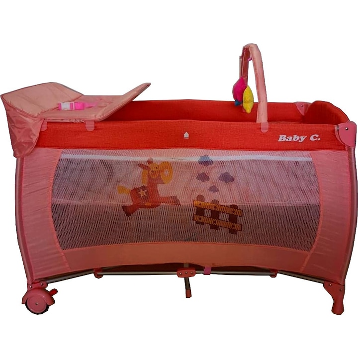 Сгъваемо легло, превръщащо се в кошара Baby Care™ NEST, 60X120 см, 2 нива, Маса за повиване, Играчка въртележка с допълнителни играчки, Страничен цип за достъп, Оранжев
