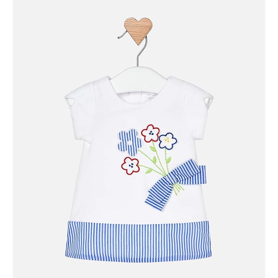 Rochie Mayoral cu aplicatii si broderii pentru bebe nou-nascut, Alb/Albastru