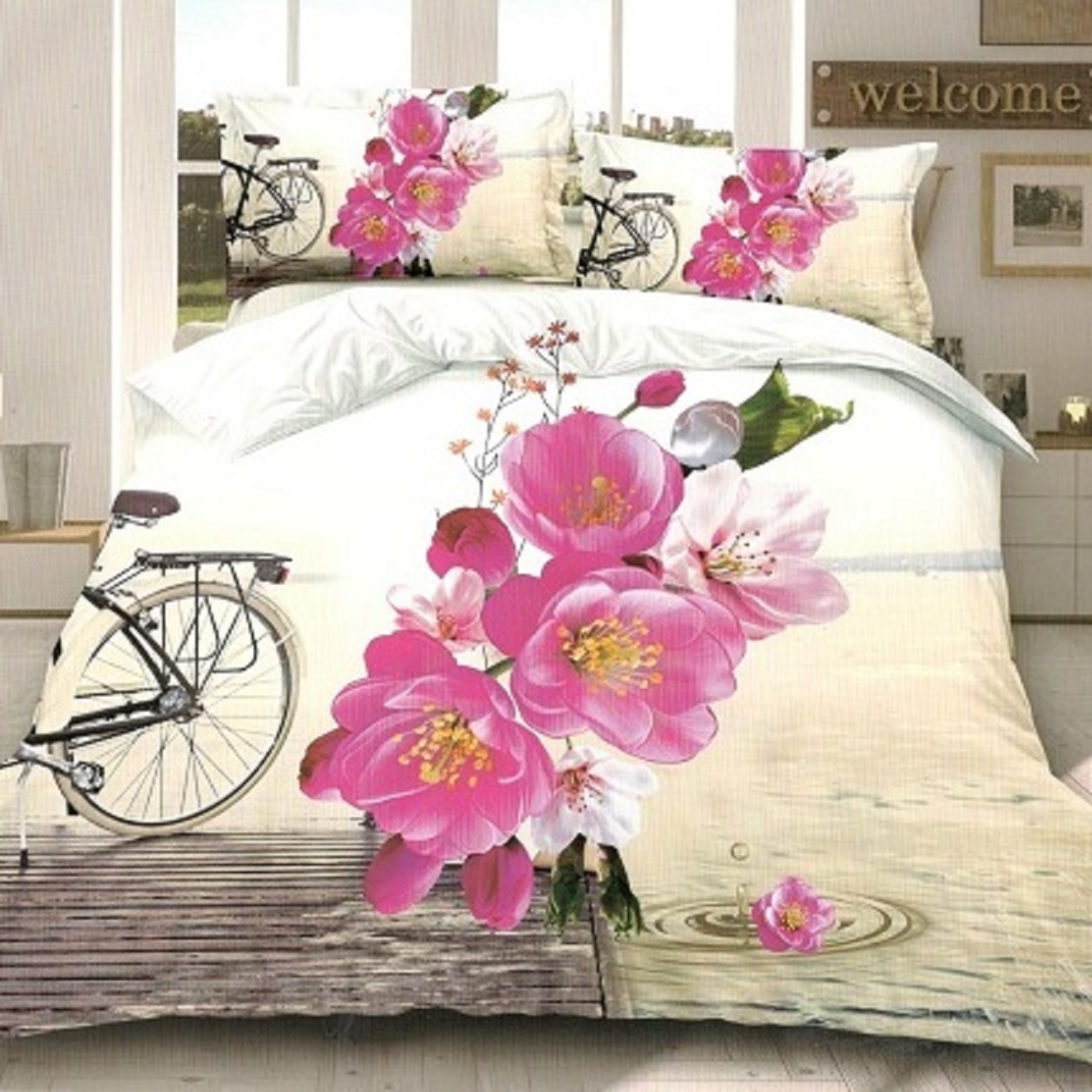 Lenjerie de pat, 3D 2 persoane, 4 piese, bumbac satinat, roz model AX106