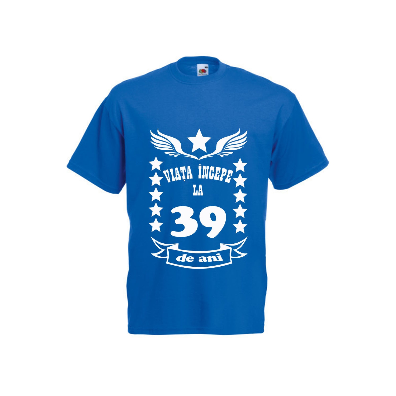 Tricou dama personalizat Fruit of the loom aniversare Viata incepe la 39 ani albastru 2XL
