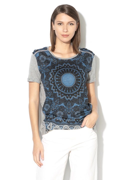 DESIGUAL, Tricou cu imprimeu cu mandala Bristol, Negru/Gri melange, S